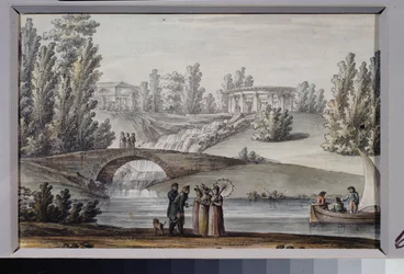 O Templo de Apollo e a Cascata no Parque de Pavlovsk (São Petersburgo). Trabalho de Giacomo Antonio Domenico Quarenghi (1744-1817), tinta e aguarela sobre papel, cerca de 1800. Arte italiana