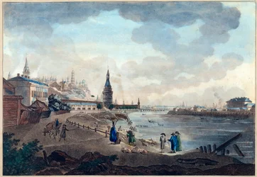 Vista do Kremlin de Moscou tirada da ponte de pedra sobre o Moscovo (Moskva ou Moskwa). Obra de Giacomo Antonio Domenico Quarenghi (1744-1817), aquarela e tinta sobre papel, por volta de 1790. Arte italiana