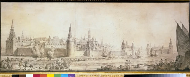 Vista panorâmica do Kremlin de Moscou no final do século XVIII - Obra de Giacomo Antonio Domenico Quarenghi (1744-1817), final da década de 1790 - Vista panorâmica do Kremlin de Moscou no final do século XVIII - Caneta, pincel, cor marrom , giz preto, água