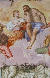 Juno e Júpiter deitados nas nuvens, acima das ruínas arquitetônicas, detalhe da Sala do Olimpo, c.1557 (fresco)