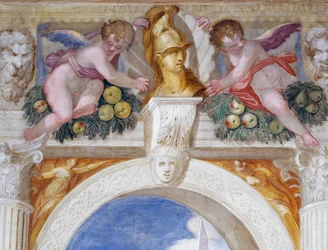 Putti com busto de um herói entre mascarões e festões de frutas