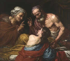 Isaac benit Jacob - Isaac abençoando Jacob, por Langetti, Giovan Battista (1635-1676). Óleo sobre tela, Entre 1660 e 1670. Dimensões: 109x126 cm. Muzeul National Brukenthal, Sibiu
