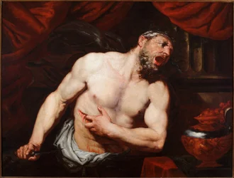 O suicídio de Catão de Útica (Marcus Porcius Cato Uticensis ou Catão, o Jovem) (95-46 a.C.), político romano. Pintura de Giambattista Langetti (1621-1676), dimensões 93 x 123 cm, Génova, Musei di Strada Nuova