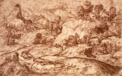 No.0955 Paisagem Montanhosa com uma Figura Feminina Reclinada (caneta e sépia sobre papel)
