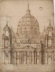 Proposta alternativa para a fachada da Basílica de São Pedro no Vaticano par Bernini, Gianlorenzo (1598-1680). Caneta, pincel, aguarela, tinta indígena sobre papel