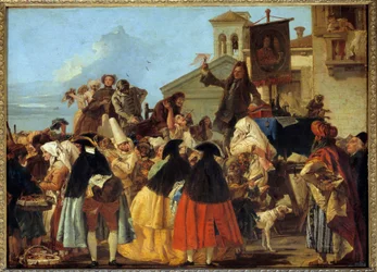Um dentista retira um dente e o marca como um troféu no Carnaval de Veneza. Pintura de Giovanni Domenico Tiepolo (Giandomenico Tiepolo) (1727-1804) 1754. Sol 1,1x0,8 m