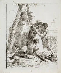 Mago, apontando uma cabeça ardente para dois jovens, c. 1740s