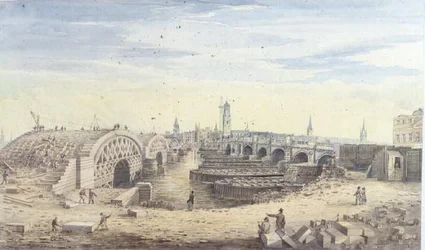 Construção da nova Ponte de Londres junto à antiga Ponte de Londres