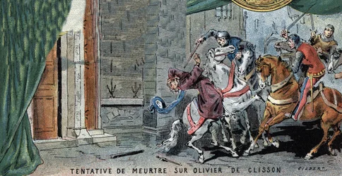 Tentativa de assassínio de Olivier V de Clisson (1336-1407), condestável francês. Ilustração de Gilbert, finais do século XIX.