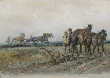 Cavalos de corrida no exercício assistido por lavradores (wc e guache a bordo)
