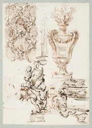 Uma tela perfurada, uma urna, uma fonte e duas bacias