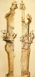Desenho de uma caixa para Relógio e Barómetro com Termómetro, Duas Versões, início da década de 1730 (caneta, pincel, tinta da Índia e aguarela sobre papel)