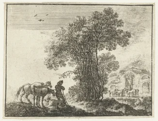 Paisagem com um agricultor e dois cavalos