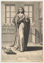 Dialética: uma jovem de pé em um interior decorado e tocando seu índice direito ..., 1633-35.