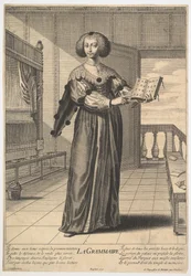 Gramática: uma jovem de pé em um interior decorado segurando um livro aberto na esquerda..., 1633-35.