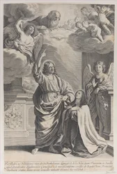 Santa Teresa rezando ao lado de Cristo, que aponta para Deus o Pai e o ..., 1635-1700.