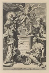 Figuras bíblicas revelam o retrato de Moisés
Página de título de Wilhelmus Goeree, Voor-bereidselen tot de bybelsche wysheid, en gebruik der heilige en kerklijke historien, 1690