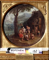 A família de Enoque (ou Henoch ou Enoc ou Henoc). Família Enoch. Pintura de Gillis Mostaert (1534-1598). Arte holandesa, Maneirismo. Óleo sobre tela. Museu de Belas Artes Ivan Kramskoy (ou Kramskoi) em Voronezh, Rússia.
