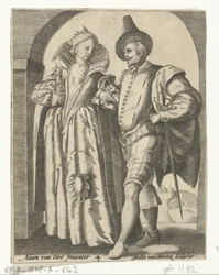 Homem e mulher vestidos de acordo com a moda de 1590-1600