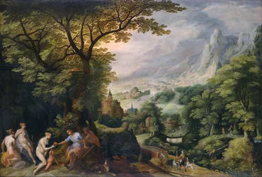 Paisagem montanhosa na qual está representado o "Julgamento de Paris".