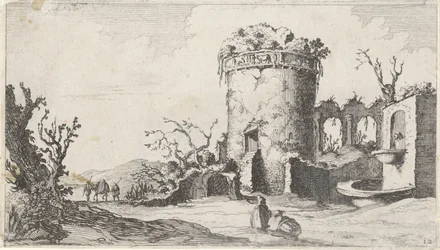 Fonte em ruínas com uma torre redonda Doze paisagens (título da série)