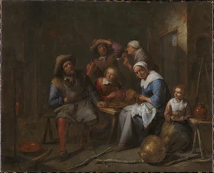 Um interior com artesãos e camponeses comendo e bebendo