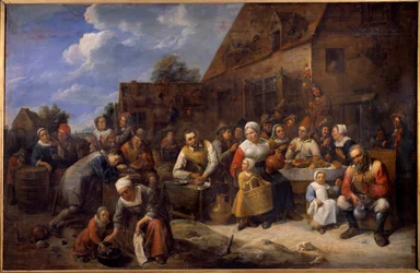 A festa do banquete da aldeia numa aldeia, os camponeses estão à mesa. Pintura de Gillis Van Tilborgh (Tilborch) os jovens (1625-1678) do século XVII Rouen. Museu de Belas Artes