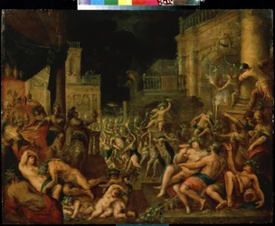 Festa de Midas em honra de Baco e Silenus. Pintura de Gillis van Valckenborch (1570-1622). Óleo sobre madeira, tamanho: 61,6 x 78,7cm. Pushkin Museum of Fine Arts, Moscovo.