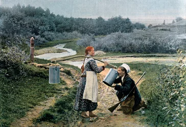 Um caçador toma uma bebida de uma jovem mulher, Rússia, c1890