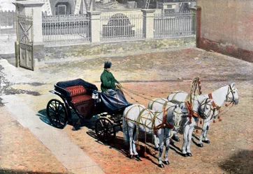 Uma troika puxada por três cavalos no verão, Rússia, c1890