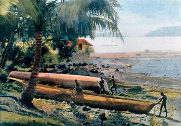 Construção de canoas, Andaman e Nicobar, Oceano Índico, c1890