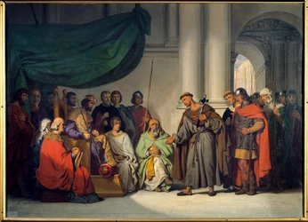 Primeira Cruzada: "O Imperador Oriental Alexis Comnene (1048-1118) recebe Pedro, o Eremita, que veio exortá-lo para a Cruzada em Constantinopla em Agosto de 1096" Pintura de Gillot Saint Evre (1791-1858) 1839 Sol. 0,98 x 1,36 m Versailles. Museu do Château