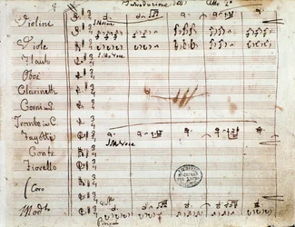 Primeira página com autógrafo da partitura do acto II da ópera O barbeiro de Sevilha por Gioacchino Rossini