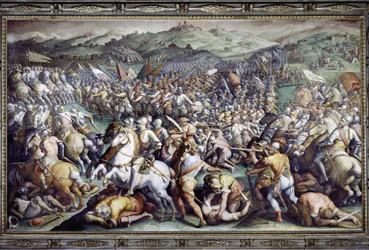 Batalha de Scannagallo em Valdichiana (Val di Chiana). Fresco de Giorgio Vasari e do seu atelier (1511-1574). Palazzo Vecchio (Salão do Cinquecento)