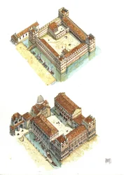 Vista aérea das fases de construção do Palácio Ducal (ou Palácio Ducal ou Palazzo Ducale) na Praça de São Marcos, em Veneza, nos séculos VII e XII. Itália