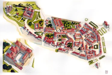 Vista aérea da cidade de Guimarães: à esquerda, o castelo e o mosteiro construídos no século XI. Portugal. Ilustração de Giorgio Albertini. (A utilização das obras deste autor não está sujeita a um pedido de autorização de terceiros ou a uma autorização de