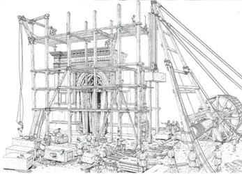Roma Antiga: reconstrução de um estaleiro de construção de um arco no século I d.C. Os trabalhadores içam os blocos de mármore com andaimes e roldanas. Ilustração de Giorgio Albertini. (A utilização das obras deste autor não está sujeita a um pedido de