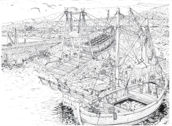 Antiguidade: o transporte por navio de mármore, provavelmente das pedreiras de Carrara (Carrara). Século II depois de JC Itália Ilustração de Giorgio Albertini. (A utilização das obras deste autor não está sujeita a um pedido de autorização de terceiros