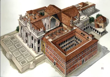 Arquitetura barroca: reconstrução da Basílica de São João de Latrão (São João de Latrão ou San Giovanni in Laterano) (séculos XVII-XVIII) Roma Ilustração de Giorgio Albertini. (A utilização das obras deste autor não está sujeita a um pedido de autorização)
