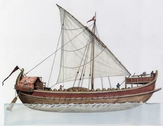 Império Bizantino: reconstrução de um dromon, navio de guerra, século IX-XI.