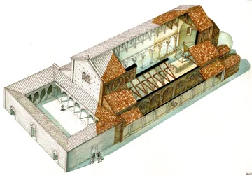 Arte bizantina: reconstrução da Basílica de Cabianca, fundada pelo imperador Justiniano I (482-565) em Ravena (Ravena). Itália