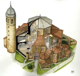 Arte bizantina: representação da Basílica de São Vital (Saint Vital ou San Vitale) em Ravena (Ravenna) no século V. Vista aérea com cortes para ver o interior. Itália Ilustração de Giorgio Albertini. (A utilização das obras deste autor não está sujeita a