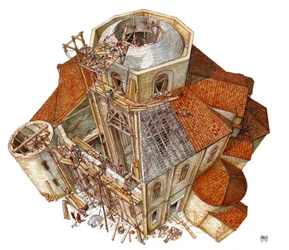 Arte bizantina: representação do estaleiro de construção da Basílica de São Vital (São Vital ou San Vitale) em Ravena, no século V. Vista aérea mostrando os operários nos andaimes a trabalhar na estrutura da cúpula. Itália Ilustração de Giorgi