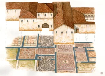 Arte bizantina: vista do sítio Domus dos tapetes de pedra (dei tappeti di pietra) em Ravena (Ravenna) no século VI, composto por mosaico de um palácio bizantino.