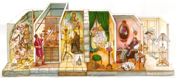 Vida quotidiana: evolução da iluminação no interior das casas, à esquerda homens pré-históricos nas grutas, iluminando-se com fogo, depois uma casa antiga, um monge a rezar na Idade Média com uma vela, um criado a acender um lustre de teto no século XIX