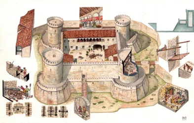 Pormenor da vista aérea do castelo aragonês de Venosa, construído por Pirro del Balzo em 1470, perto de Potenza, na Basilicata, Itália As taças permitem ver os prisioneiros nas celas no interior das torres que serviam de prisão. As vistas de pormenor mostr