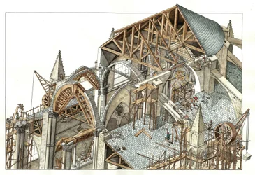 Arte gótica: reconstrução do estaleiro de construção de uma catedral gótica, os trabalhadores sobem em andaimes e utilizam roldanas. Século XIII Ilustração de Giorgio Albertini. (A utilização das obras deste autor não está sujeita a um pedido de autorizaçã