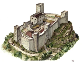 Arquitectura medieval: reconstituição do castelo de Canossa no século XI, na época em que a condessa Matilde de Canossa (ou condessa Matilde da Toscana) (1046-1115) e o papa Gregório VII (1015/20-1085) aí se refugiaram. Itália. Ilustração de Gior