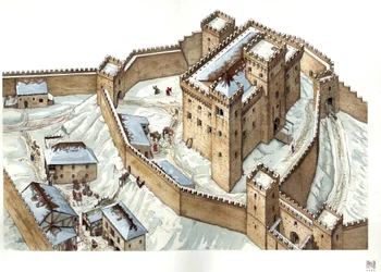 Arquitetura medieval: reconstrução do castelo da cidade de Udine no século XIV. Itália Ilustração de Giorgio Albertini. (A utilização das obras deste autor não está sujeita a um pedido de autorização de terceiros nem ao pagamento de uma taxa de utilização)