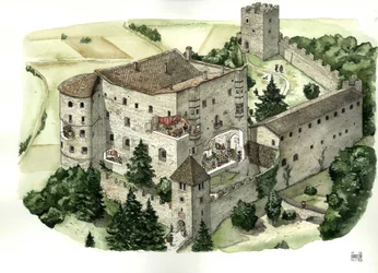Arquitetura medieval: vista do castelo de Pergine, com cortes que permitem ver a vida dos habitantes nas salas do castelo no século XVI. Pergine Valsugana, Trento, Itália Ilustração de Giorgio Albertini. (A utilização das obras deste autor